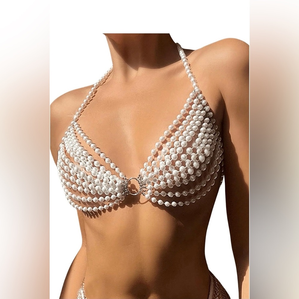 Women’s Pearl Beaded Bikini Top Cover Up Handmade Bead Bralette Halter Top Beach